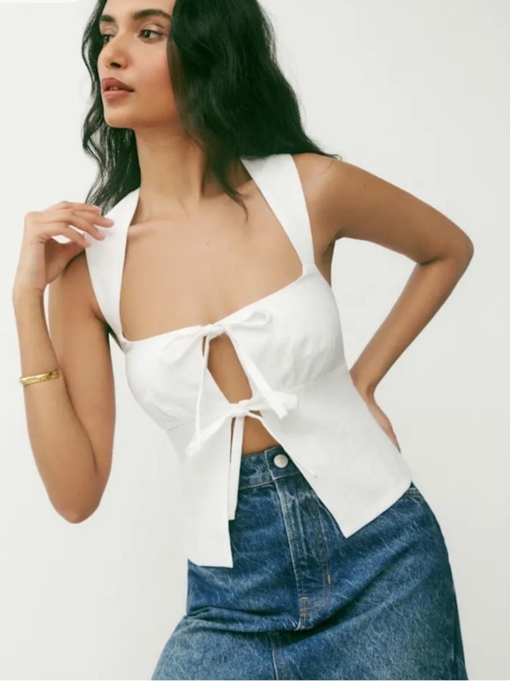 Reformation White Linen Tie-Front Crop Top